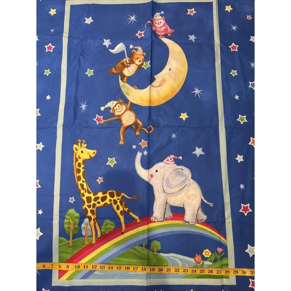 Vintage Style 2 Animal Rainbow Celestial Cotton‎ Quilt Panel Blue 35x44 Nursery